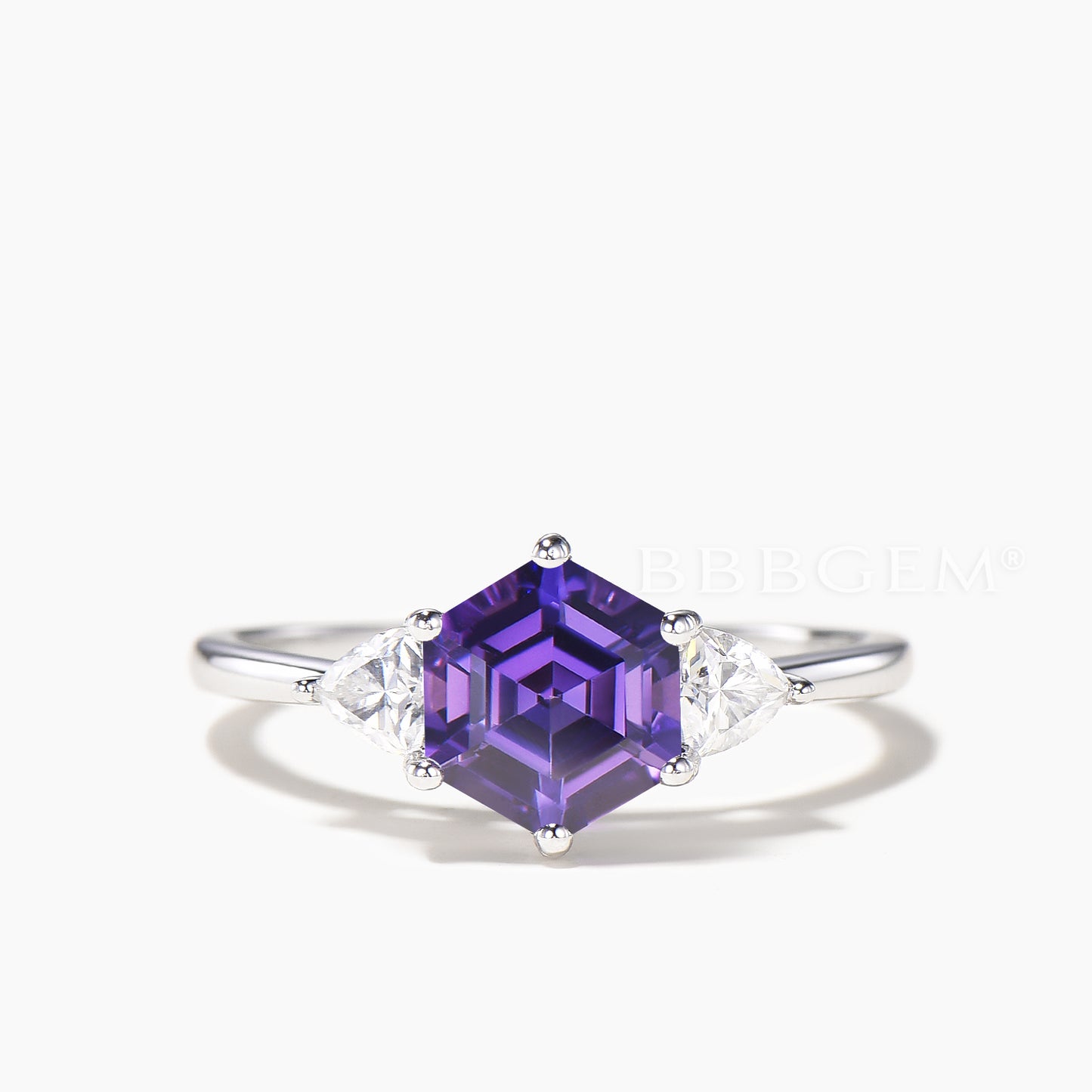 Hexagon Cut Purple Sapphire Engagement Ring Trillion Moissanite Ring Set
