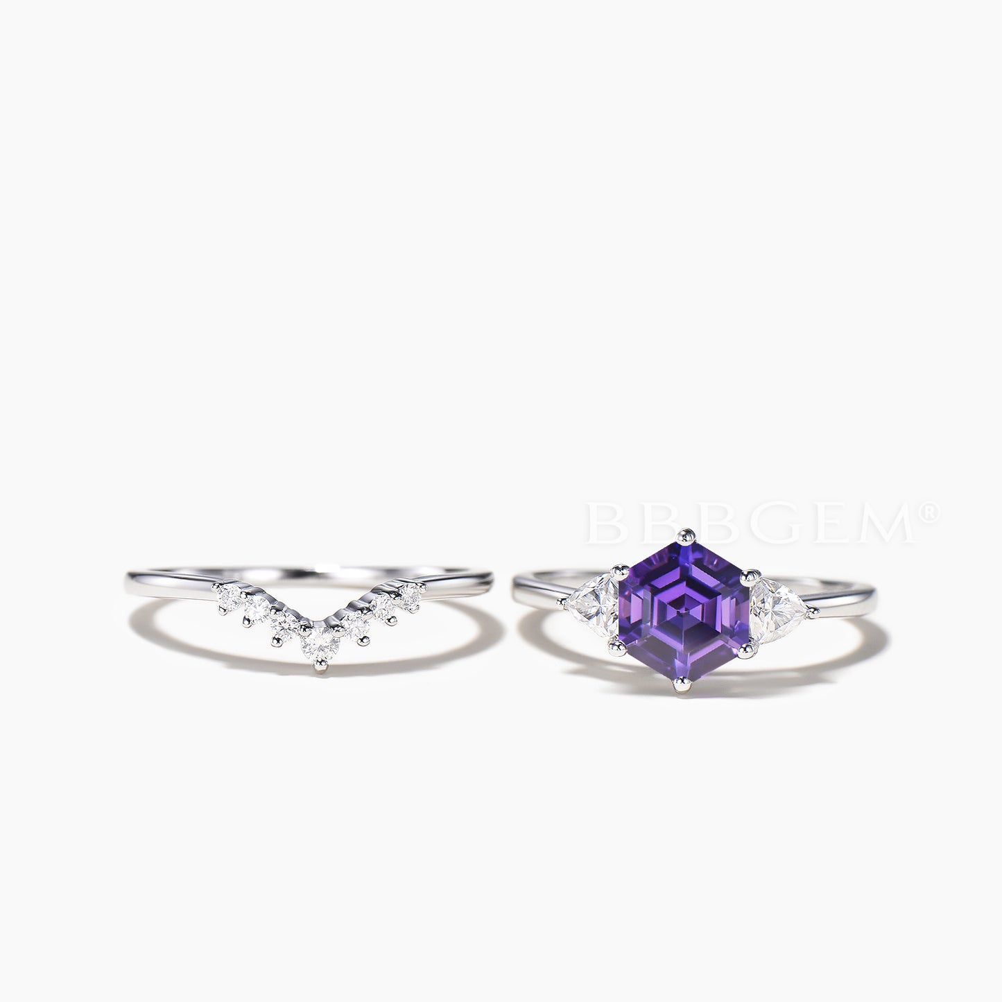 Hexagon Cut Purple Sapphire Engagement Ring Trillion Moissanite Ring Set