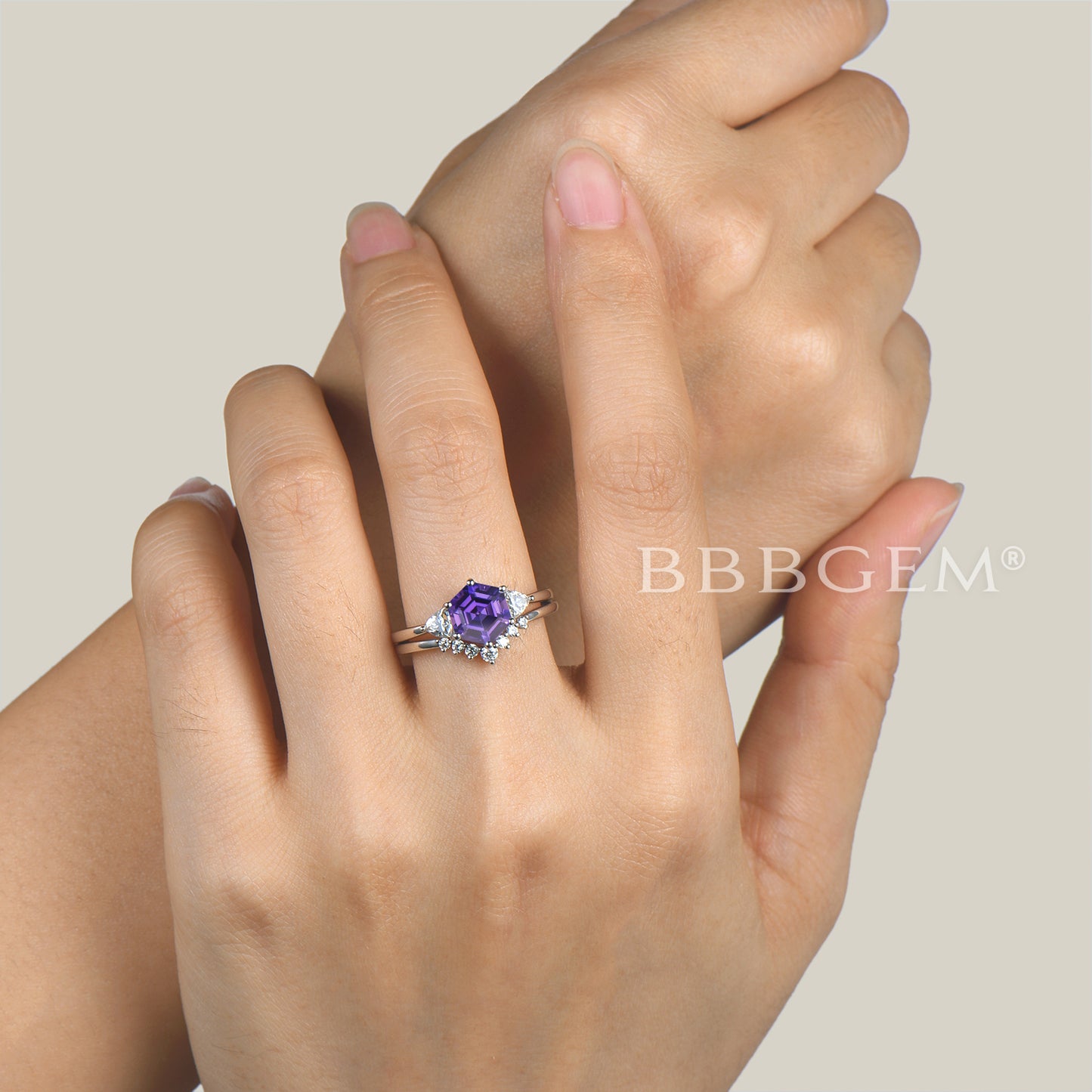 Hexagon Cut Purple Sapphire Engagement Ring Trillion Moissanite Ring Set