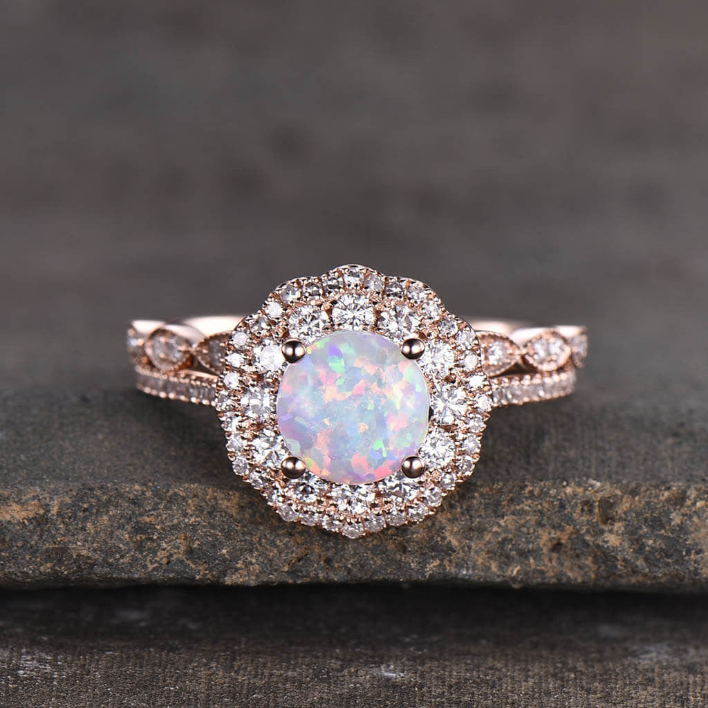 rose gold opal wedding ring set-18k gold opal ring