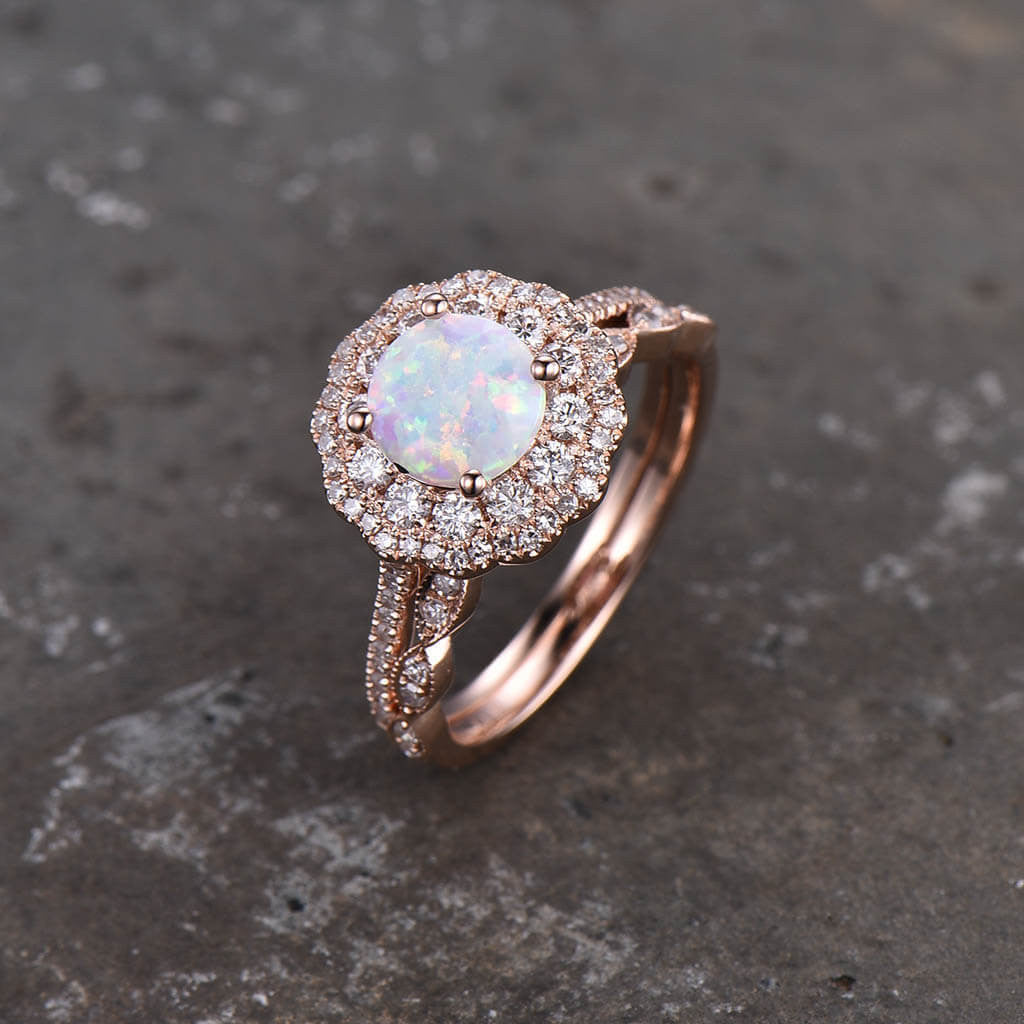 Opal Halo Engagement Ring Set-opal promise rings