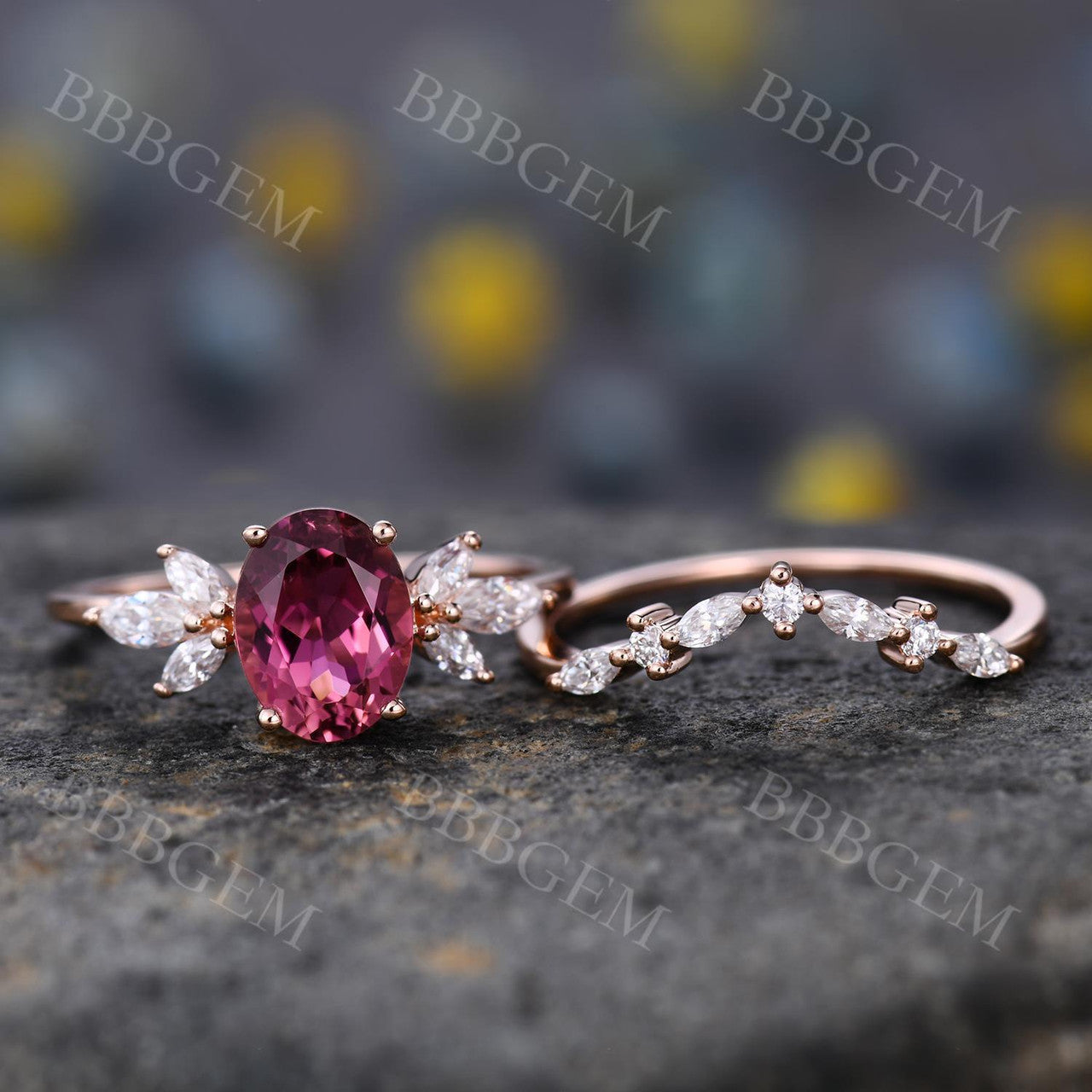 Tourmaline Moissanite Ring Set-BBBGEM Tourmaline Engagement Ring