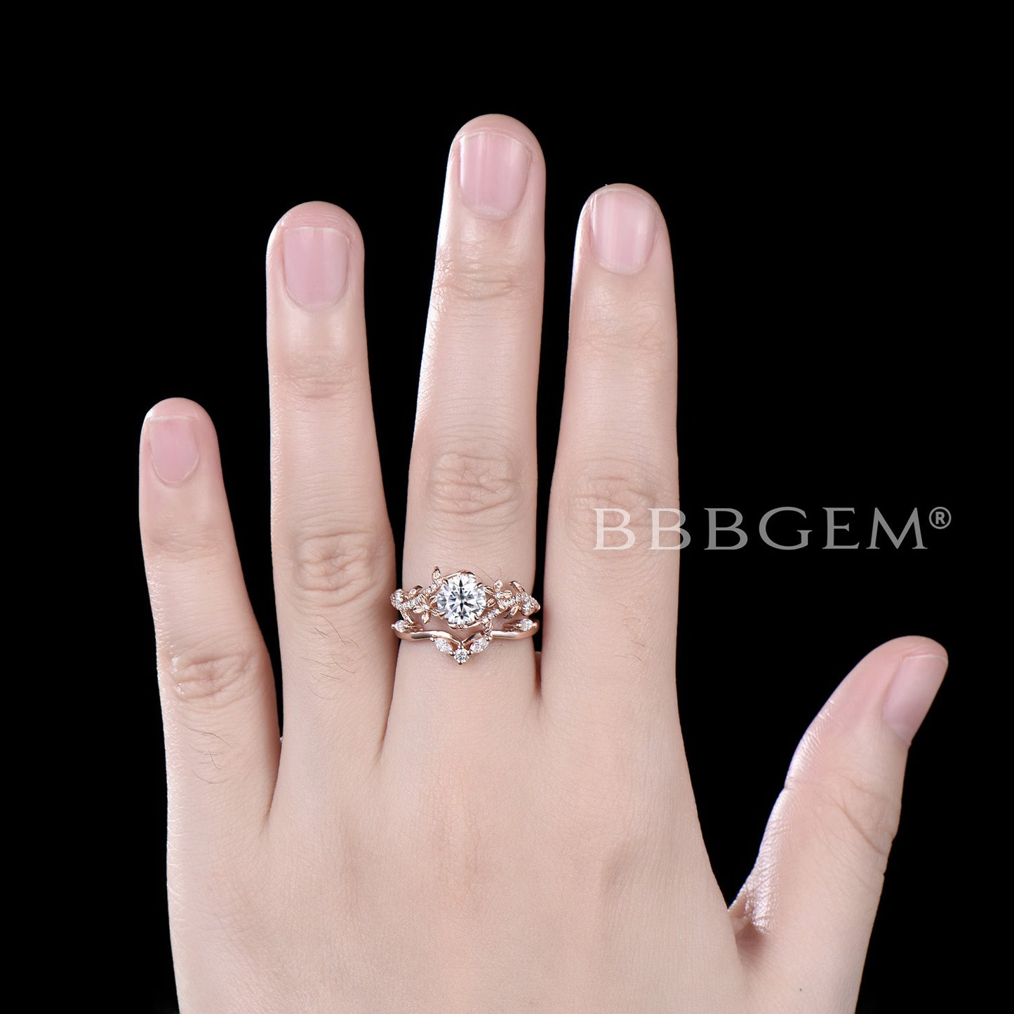 Floral 1ct Round Moissanite Ring Nature Inspired Leaf Diamond Engagement Ring Rose Gold Flower Bridal Set