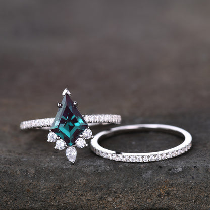 Unique kite cut alexandrite engagement ring unique moissanite ring solitaire ring half eternity stacking bridal set