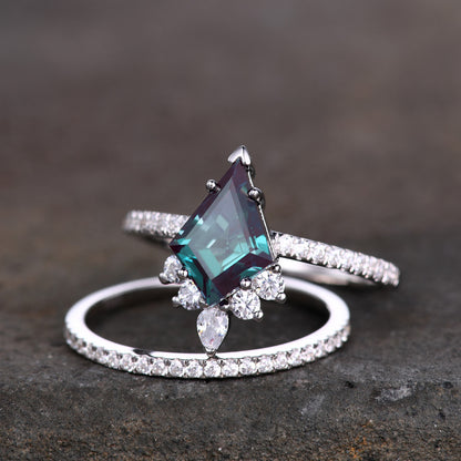 Unique kite cut alexandrite engagement ring unique moissanite ring solitaire ring half eternity stacking bridal set