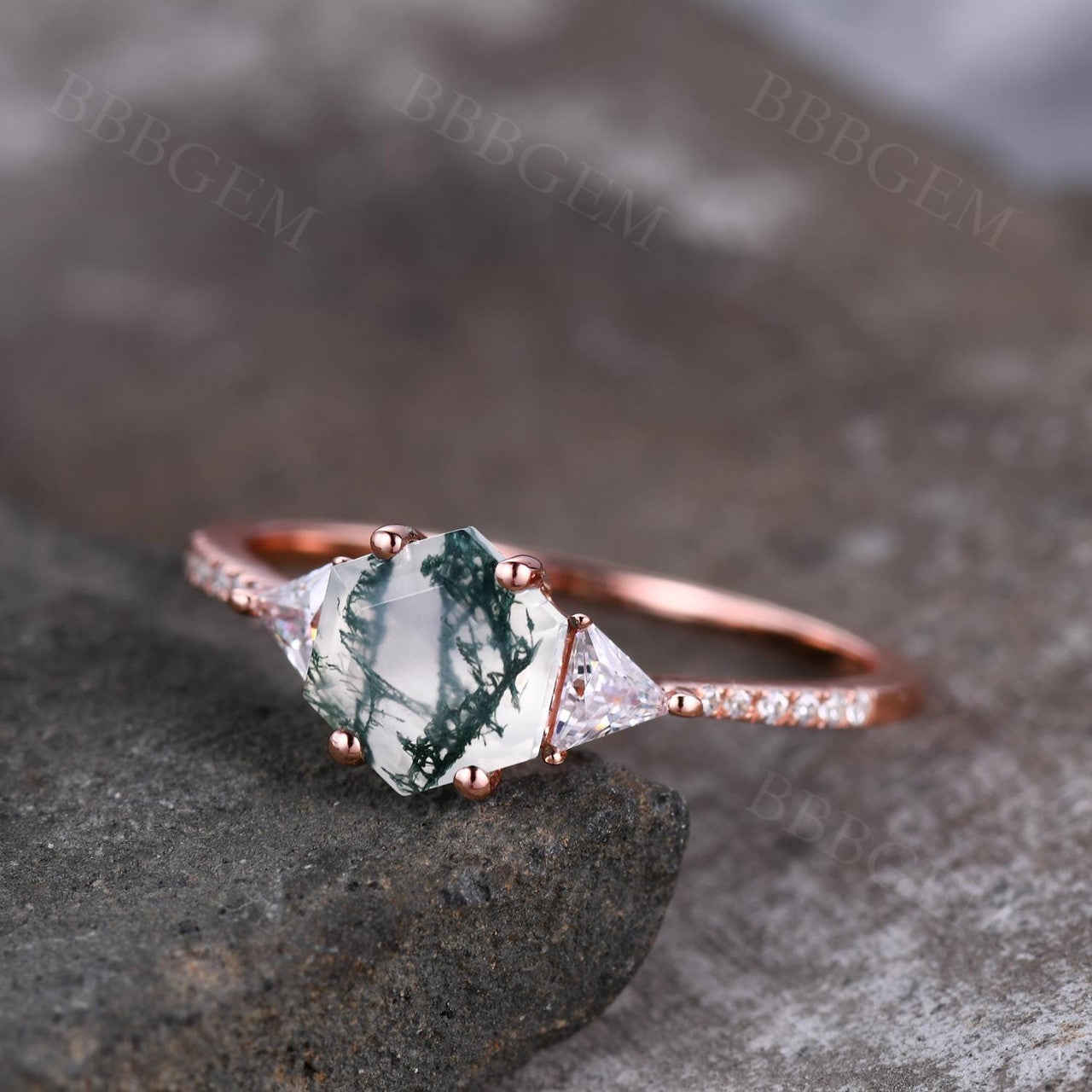 moss agate hexagon three stone ring