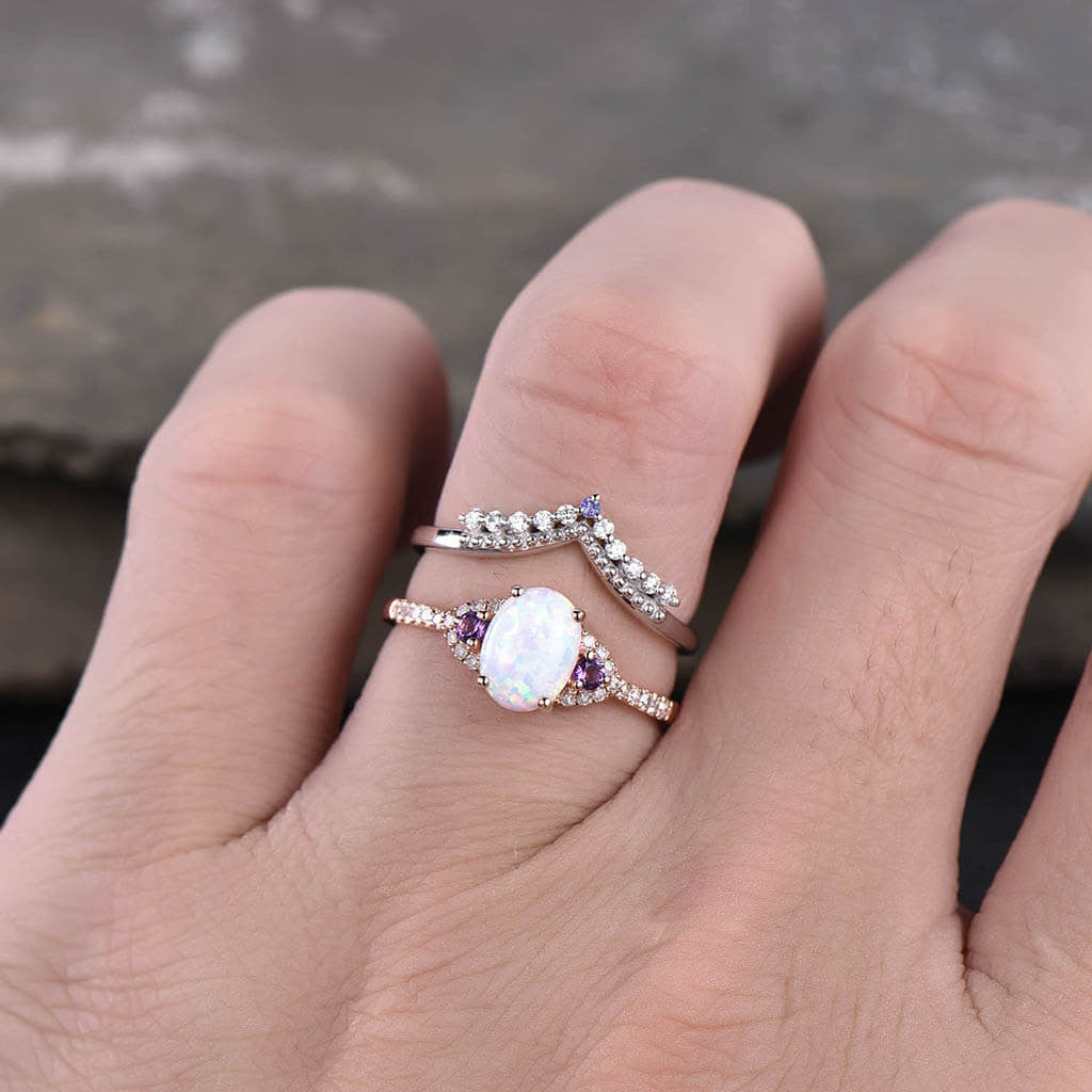 Custom Opal Diamond bridal set -BBBGEM Three Stone Vintage Opal Rings