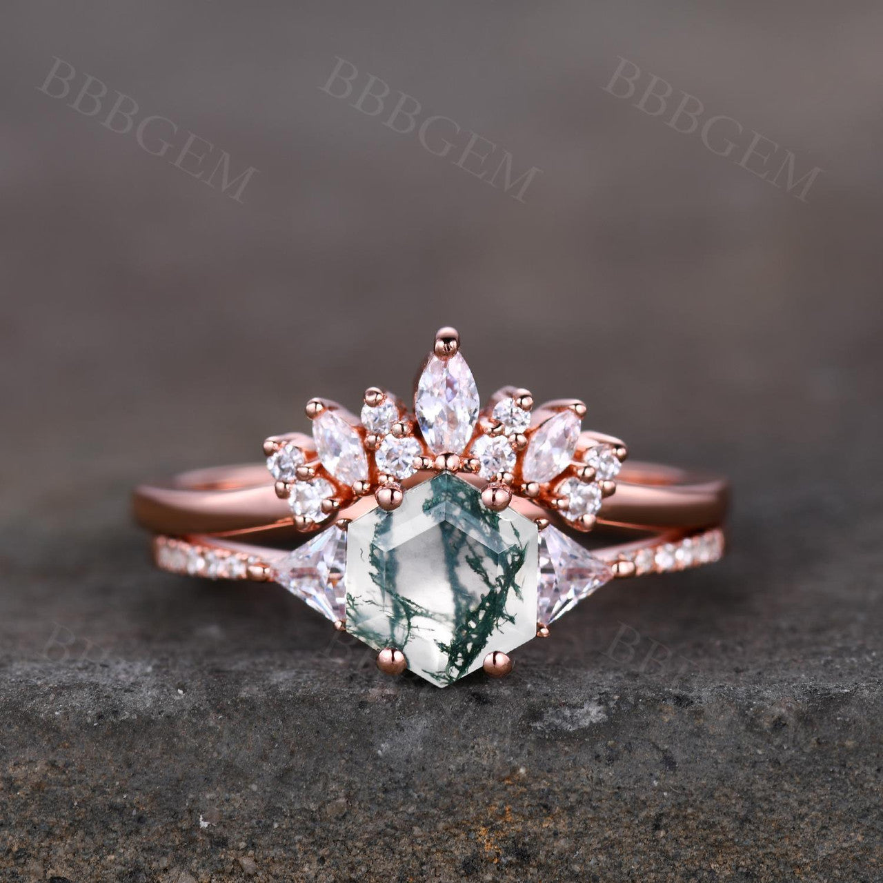 Hexagon Cut Green Moss Agate Engagement Ring Three Stone Hexagon Aquatic Agate Mossy Ring Triangle Moissanite