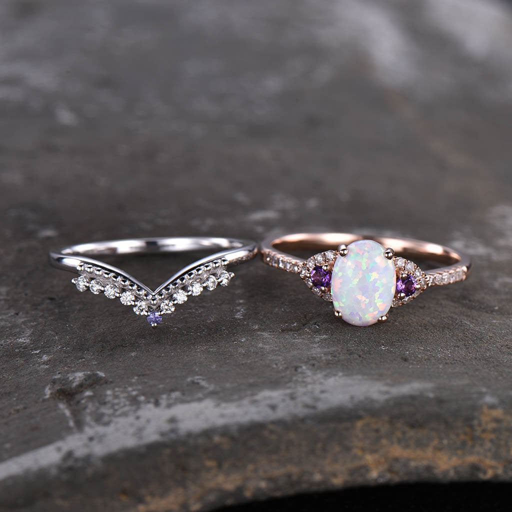 Custom Opal bridal set-BBBGEM Three Stone Vintage Opal Rings