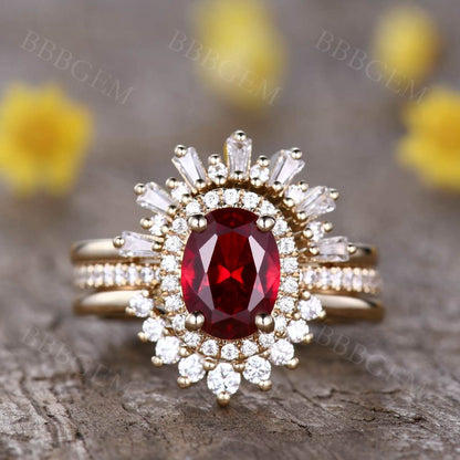 3 Pieces Red Ruby Ring Set for Women Vintage Oval Halo Ruby Cocktail Crown Ring 18k Rose Gold