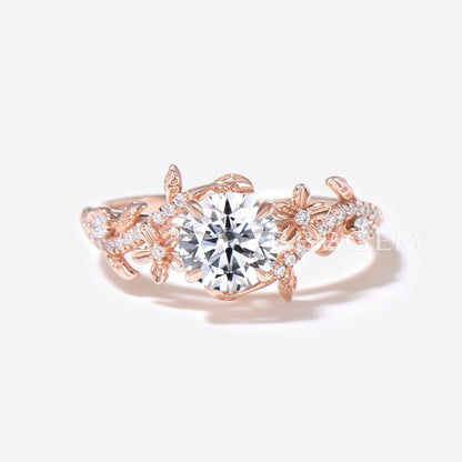 Floral 1ct Round Moissanite Ring Nature Inspired Leaf Diamond Engagement Ring Rose Gold Flower Bridal Set