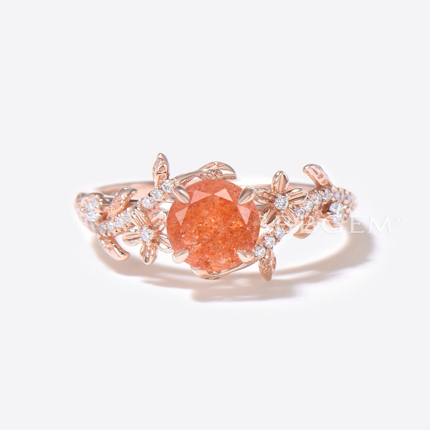 Twig Leaf Round Sunstone Engagement Ring Rose Gold Floral Bridal Set