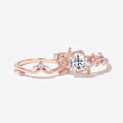 Floral 1ct Round Moissanite Ring Nature Inspired Leaf Diamond Engagement Ring Rose Gold Flower Bridal Set