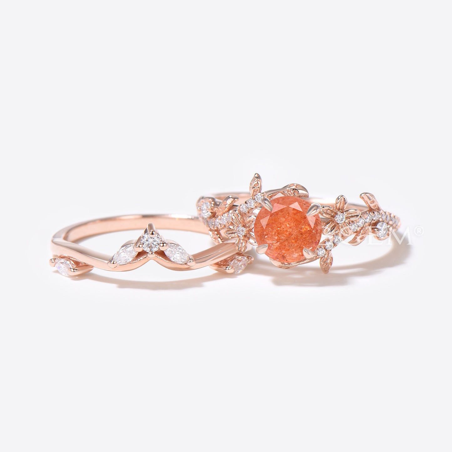 Twig Leaf Round Sunstone Engagement Ring Rose Gold Floral Bridal Set