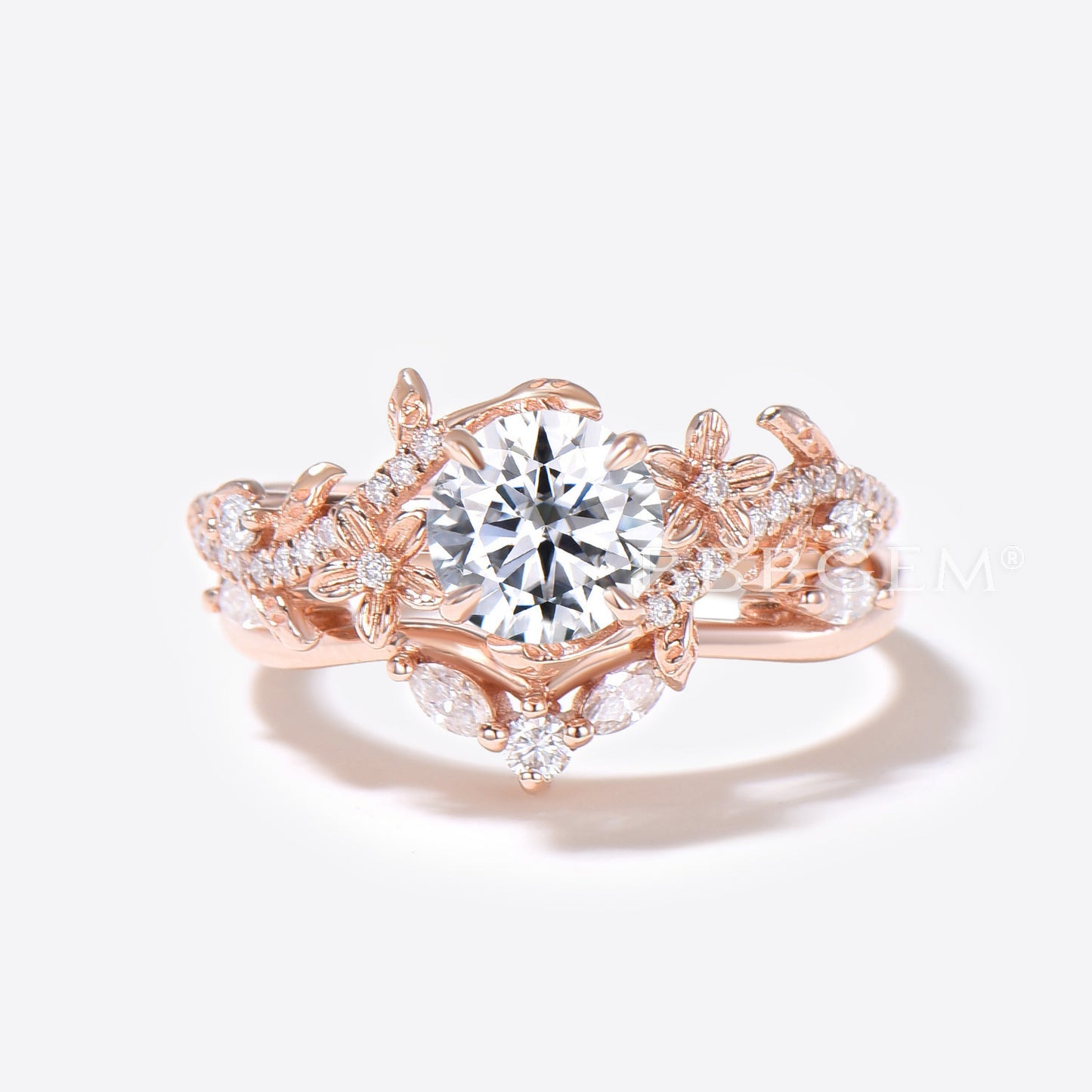 Floral 1ct Round Moissanite Ring Nature Inspired Leaf Diamond Engagement Ring Rose Gold Flower Bridal Set