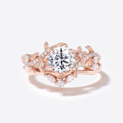 Floral 1ct Round Moissanite Ring Nature Inspired Leaf Diamond Engagement Ring Rose Gold Flower Bridal Set