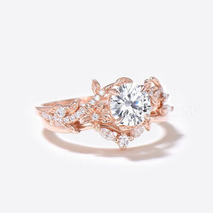 Floral 1ct Round Moissanite Ring Nature Inspired Leaf Diamond Engagement Ring Rose Gold Flower Bridal Set