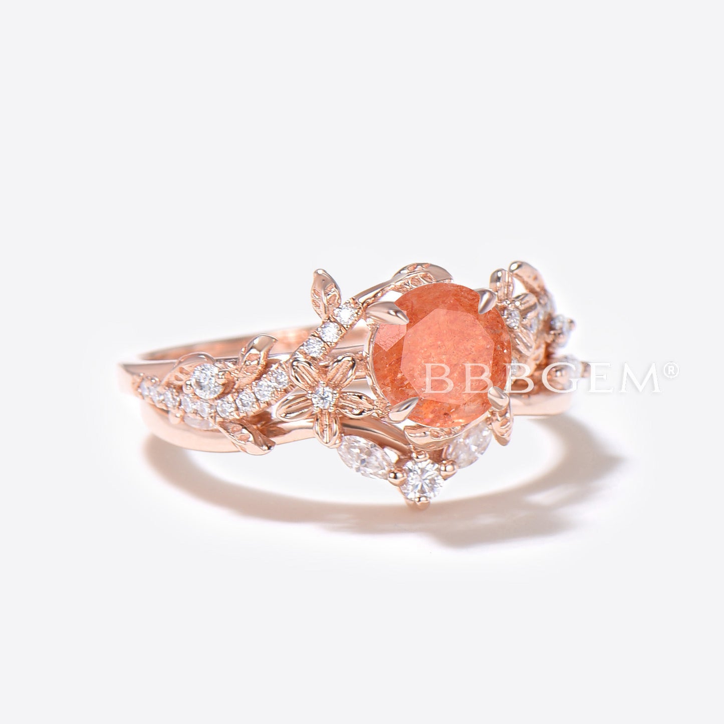 Twig Leaf Round Sunstone Engagement Ring Rose Gold Floral Bridal Set