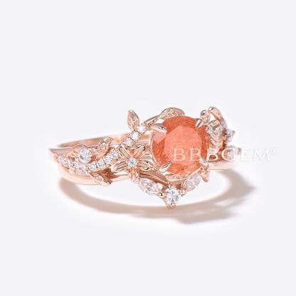 Twig Leaf Round Sunstone Engagement Ring Rose Gold Floral Bridal Set