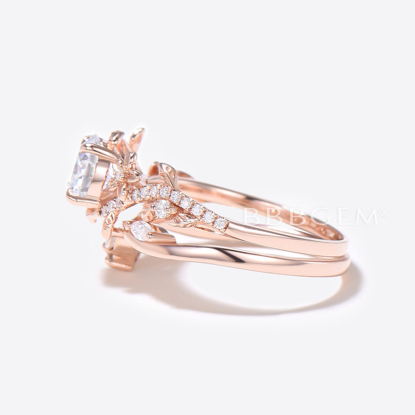 Floral 1ct Round Moissanite Ring Nature Inspired Leaf Diamond Engagement Ring Rose Gold Flower Bridal Set