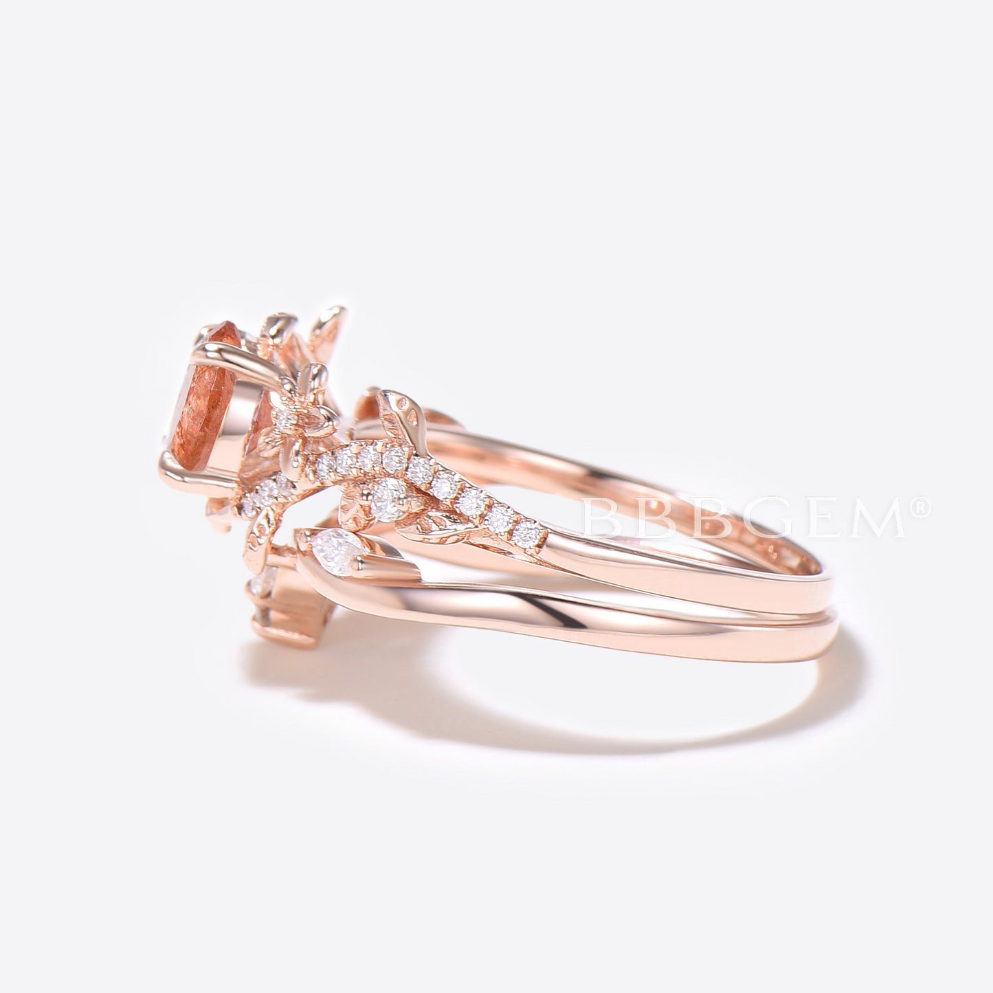 Twig Leaf Round Sunstone Engagement Ring Rose Gold Floral Bridal Set