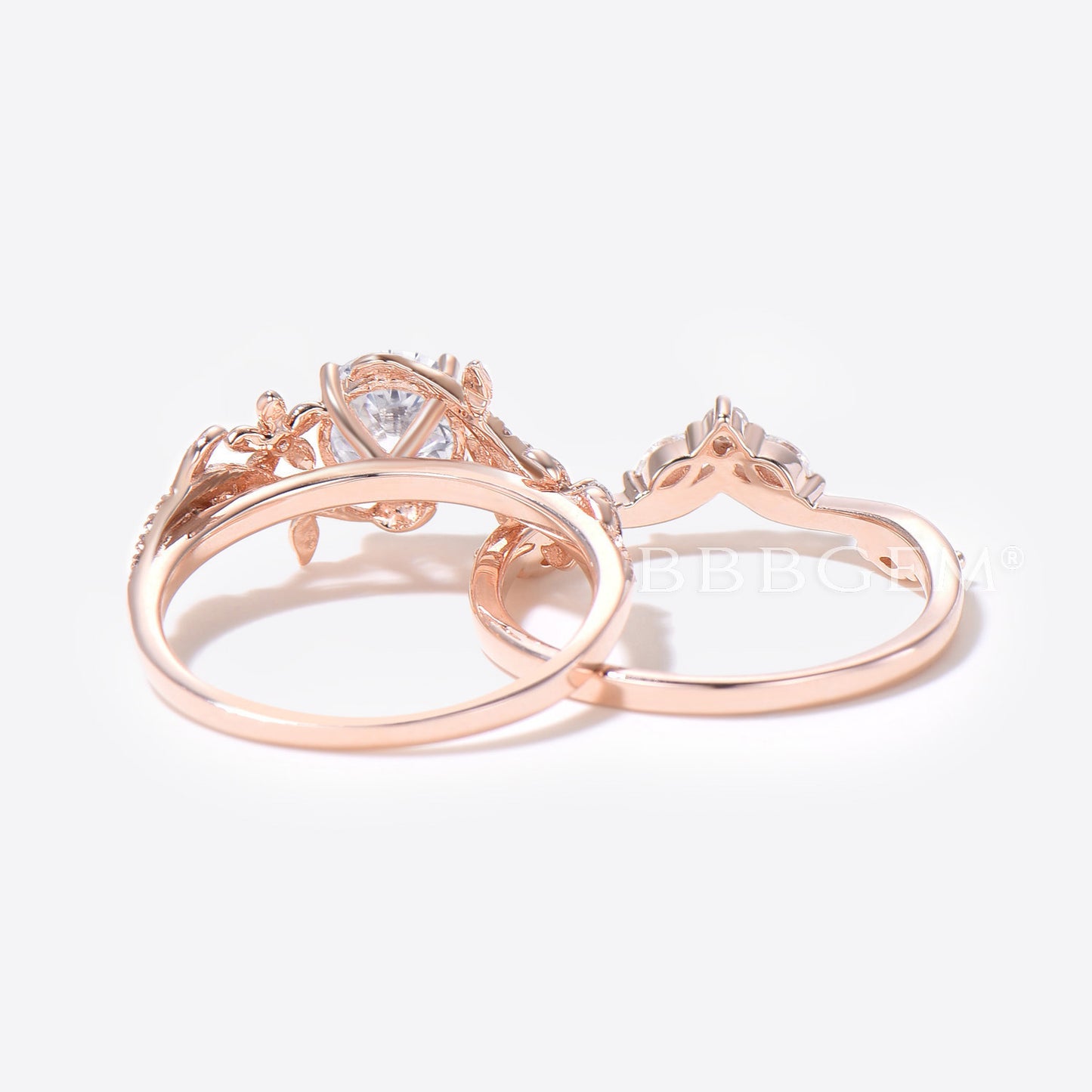 Floral 1ct Round Moissanite Ring Nature Inspired Leaf Diamond Engagement Ring Rose Gold Flower Bridal Set