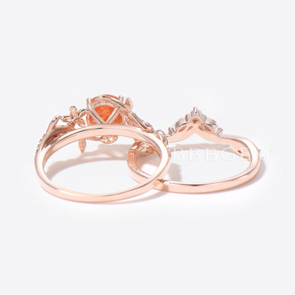 Twig Leaf Round Sunstone Engagement Ring Rose Gold Floral Bridal Set