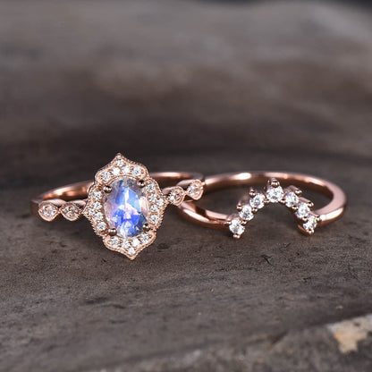 14K/18K Rose Gold Rainbow Vintage Milgrain Moonstone Diamond Bridal Set