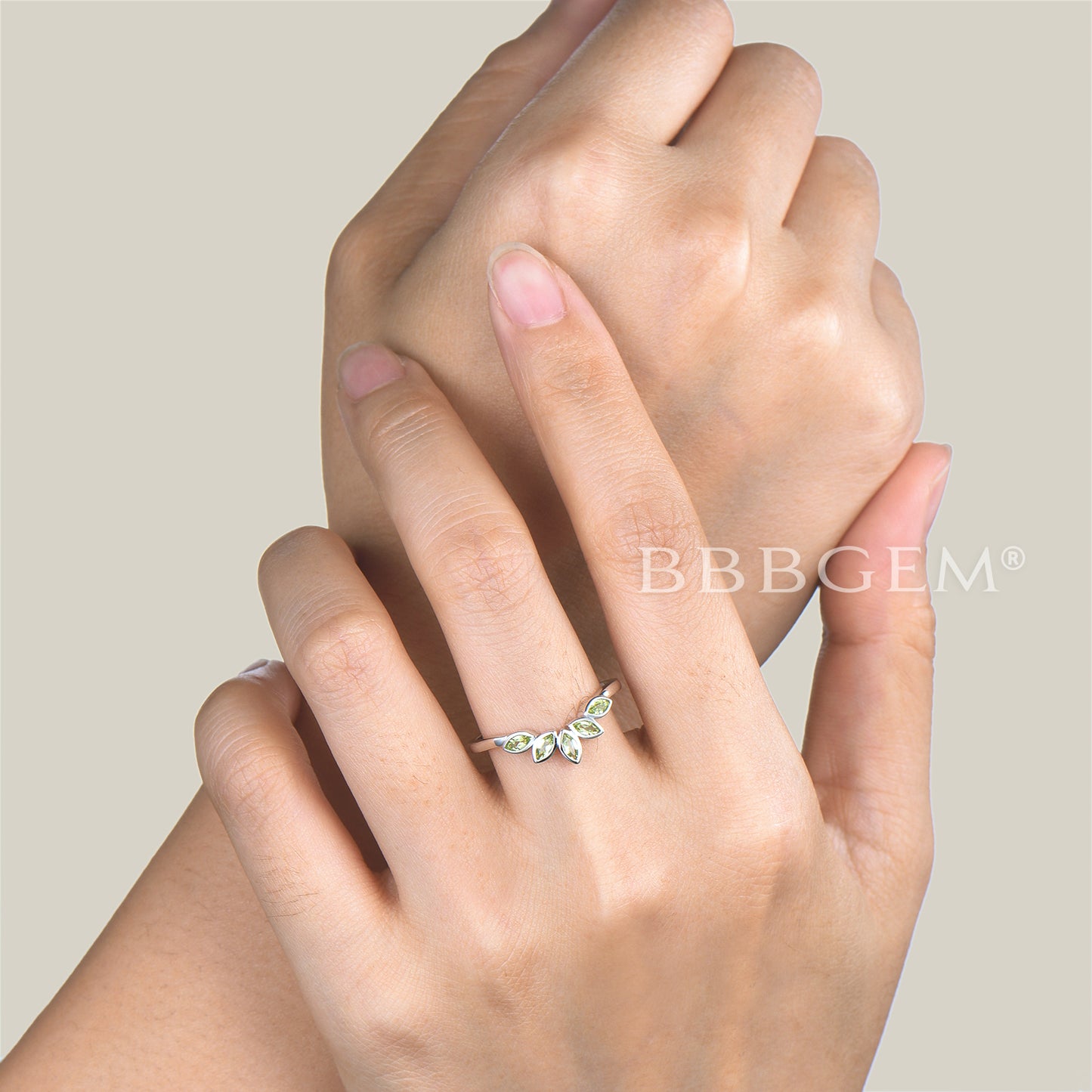 Marquise Cut Natural Peridot Matching Band 5 Stone Bezel Settings Wedding Band