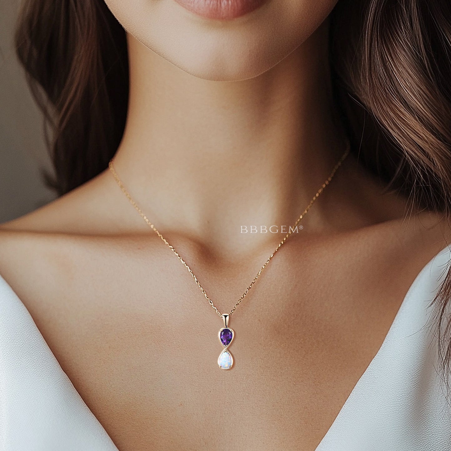 Teardrop Cut Natural Amethyst Opal Necklace Infinity Toi et Moi Pendant