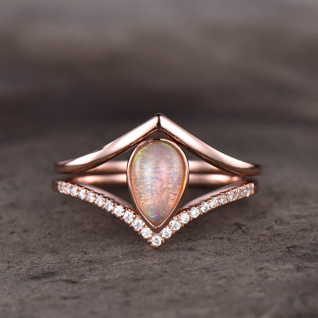 pear shaped opal engagement ring set-natural pink opal ring