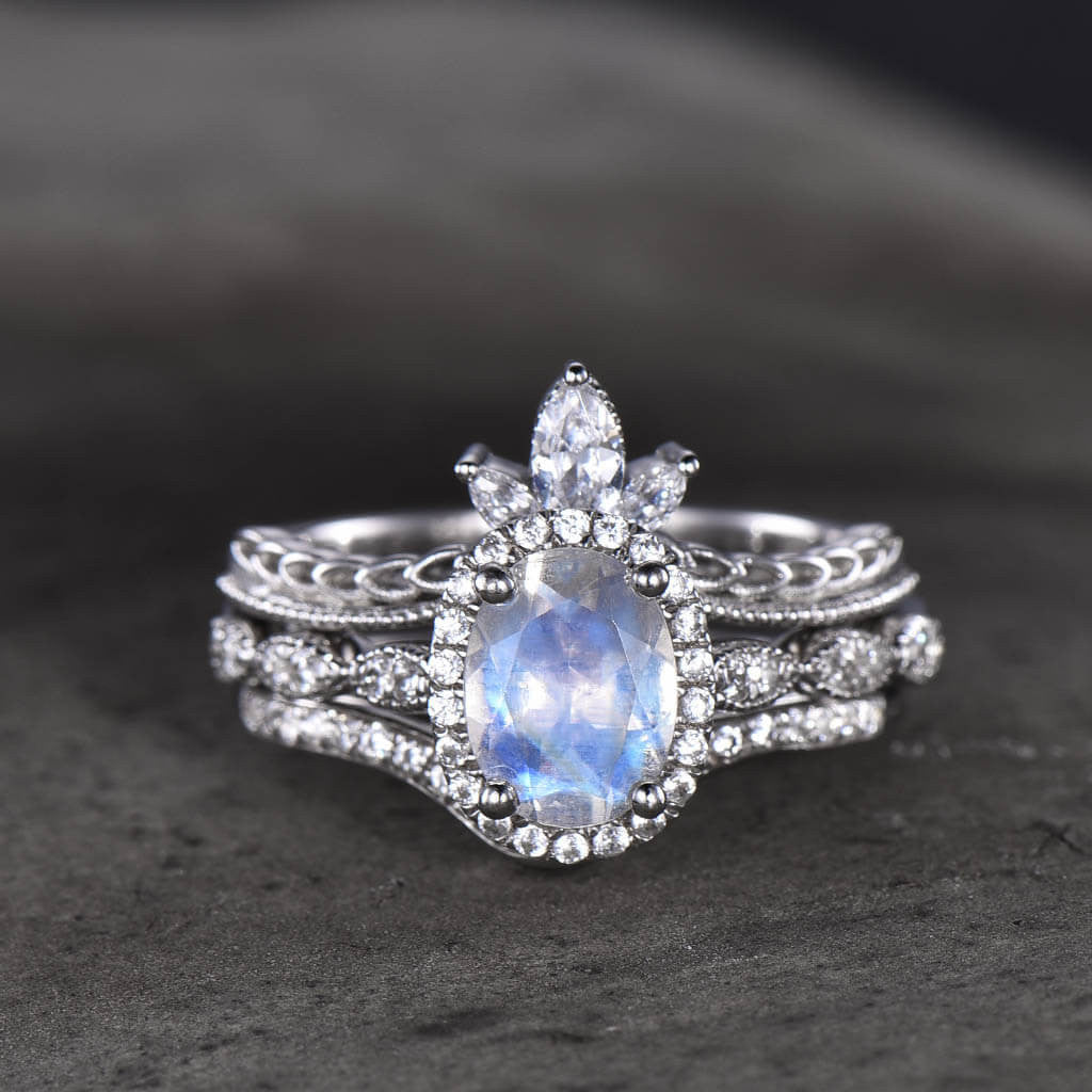 moonstone engagement ring set-BBBGEM Oval Moonstone Ring Set