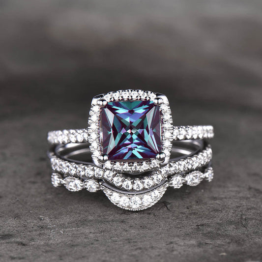 Alexandrite Bridal Set White Gold-2 Carat Princess Cut Halo Alexandrite Rings Diamond Set