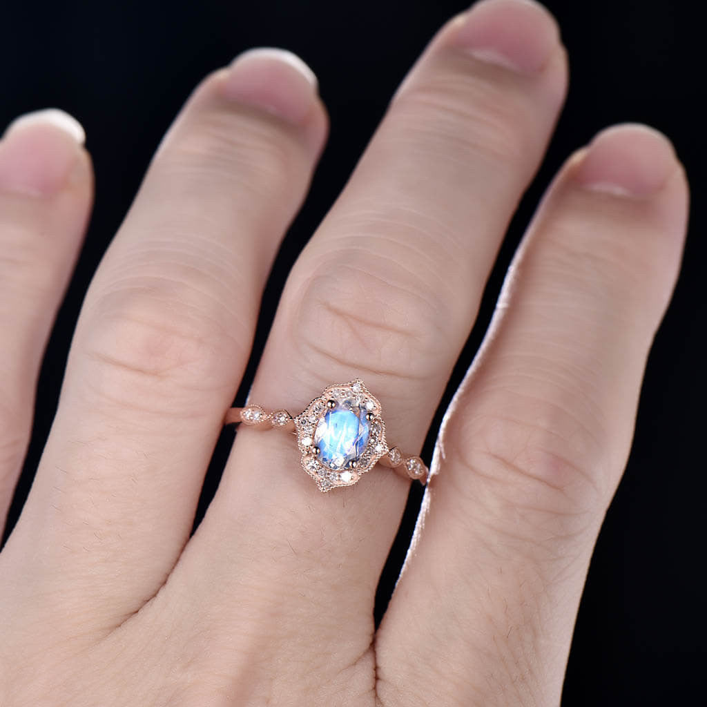 Moonstone Engagement Ring Rose Gold Hand