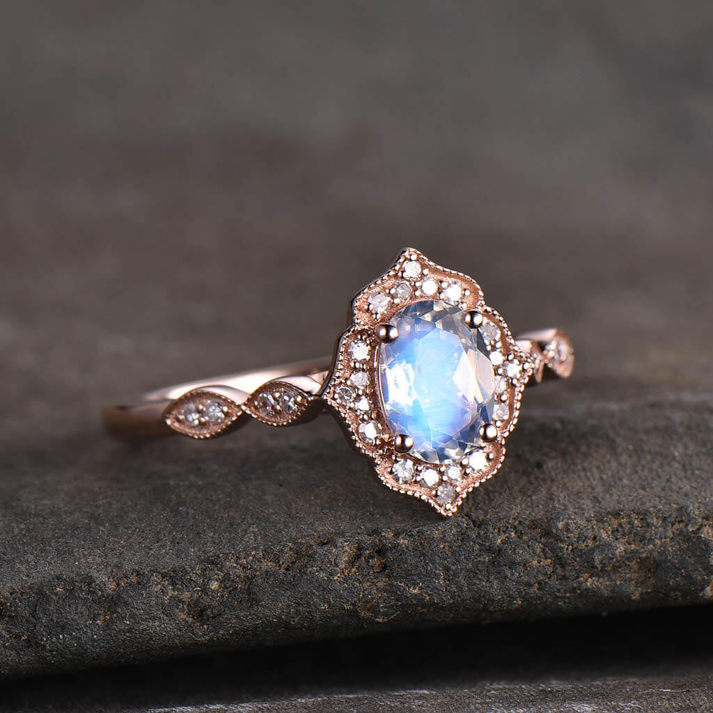 Vintage Moonstone Engagement Ring Rose Gold -BBBGEM Moonstone Ring