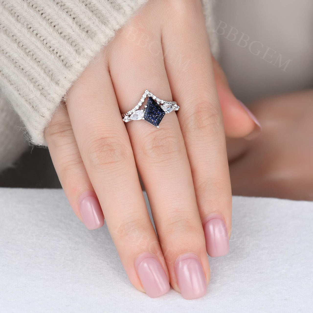 White Gold Blue Sandstone Ring Set-BBBGEM White Gold Blue Sandstone