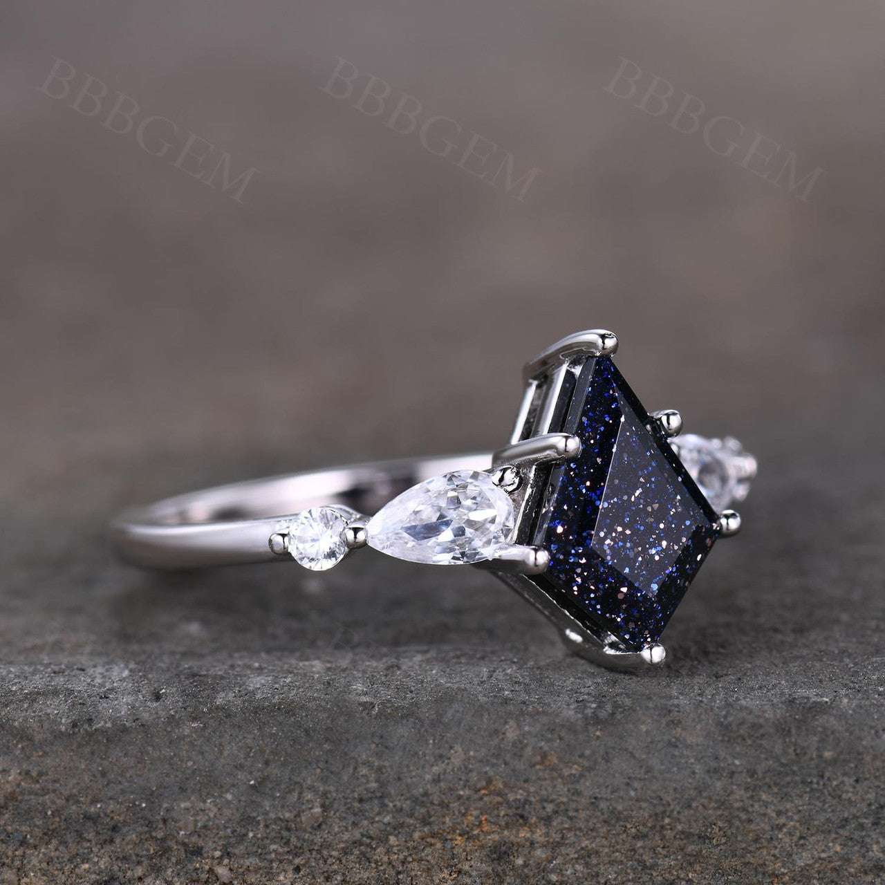 White Gold Blue Sandstone Wedding Ring-BBBGEM Kite Cut Blue Sandstone Ring