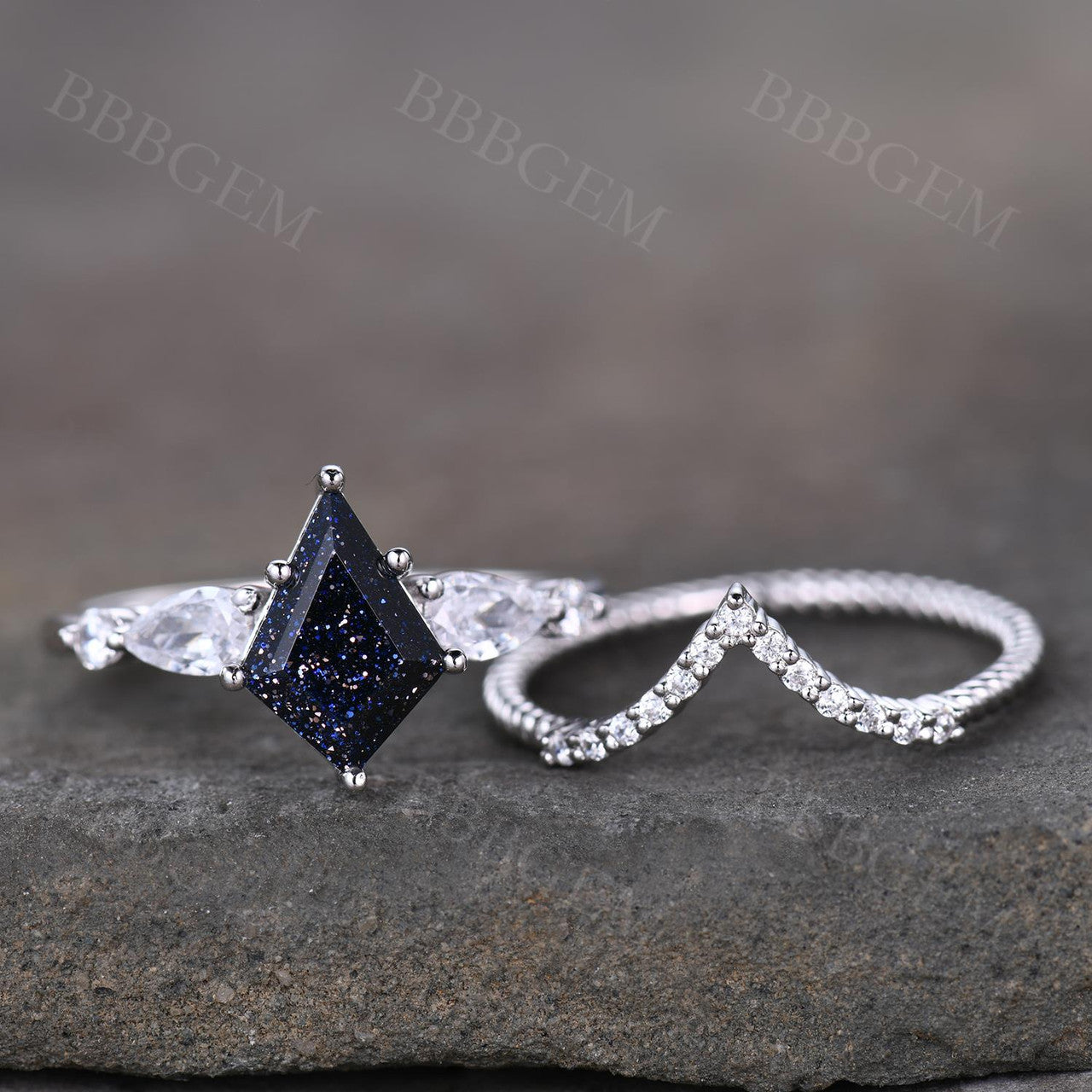 2pcs Ring Set -BBBGEM White Gold Blue Sandstone