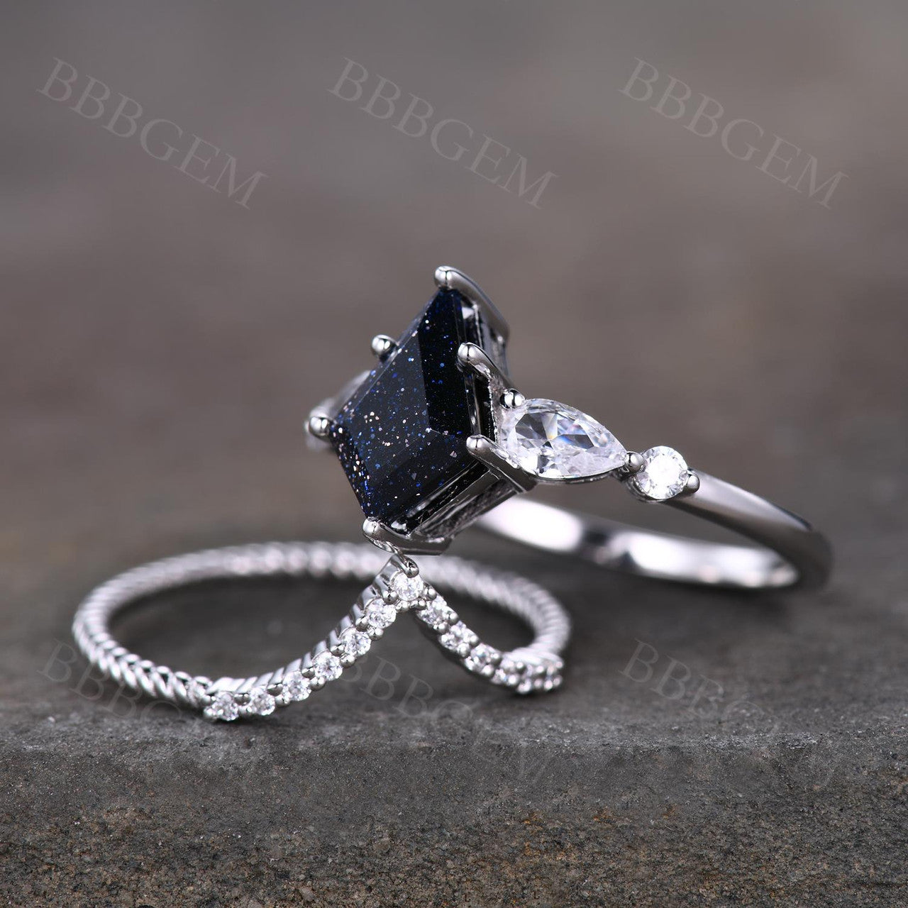 Kite Cut Blue Sandstone Ring-BBBGEM White Gold Blue Sandstone