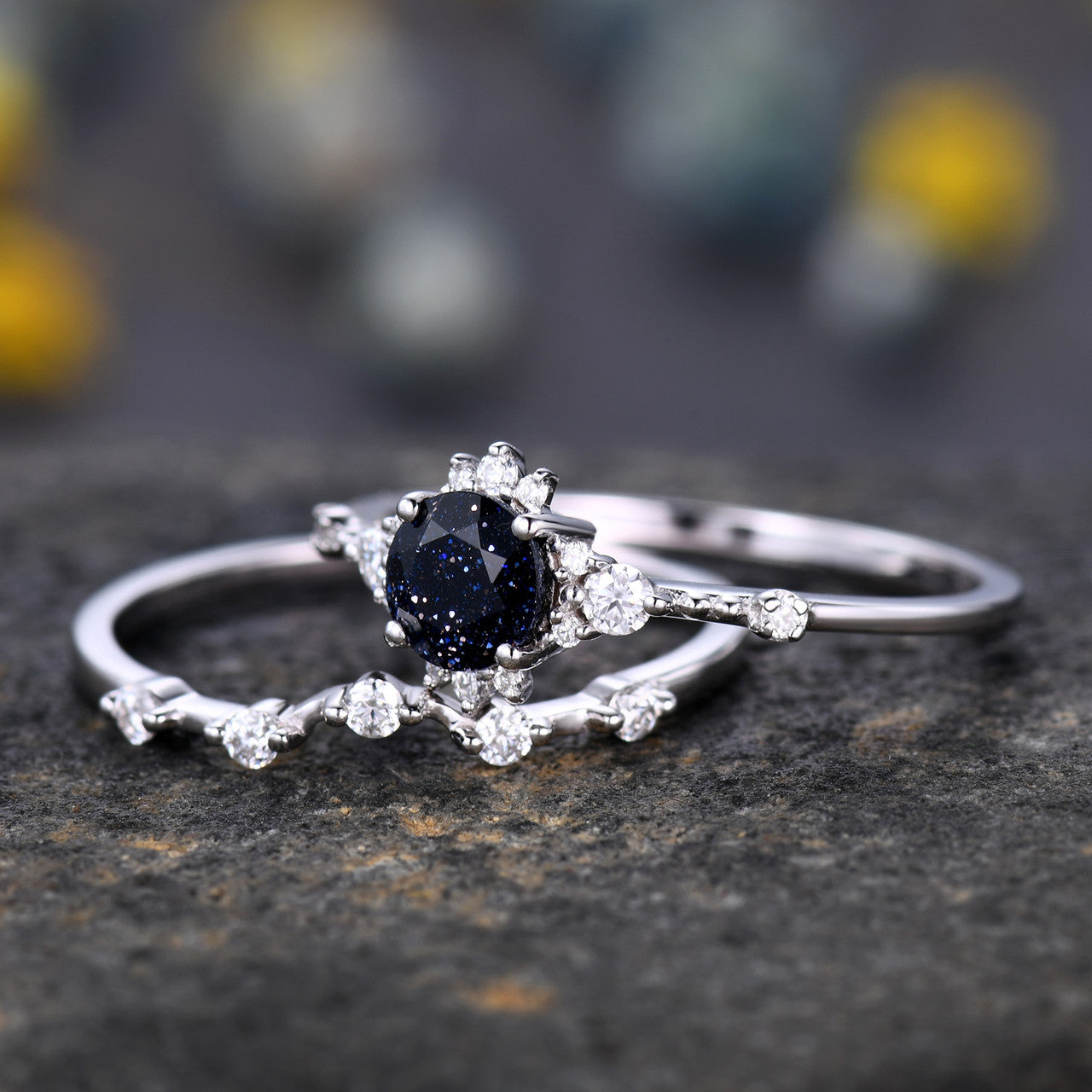 2pcs ring set-BBBGEM Blue Sandstone Bridal Set