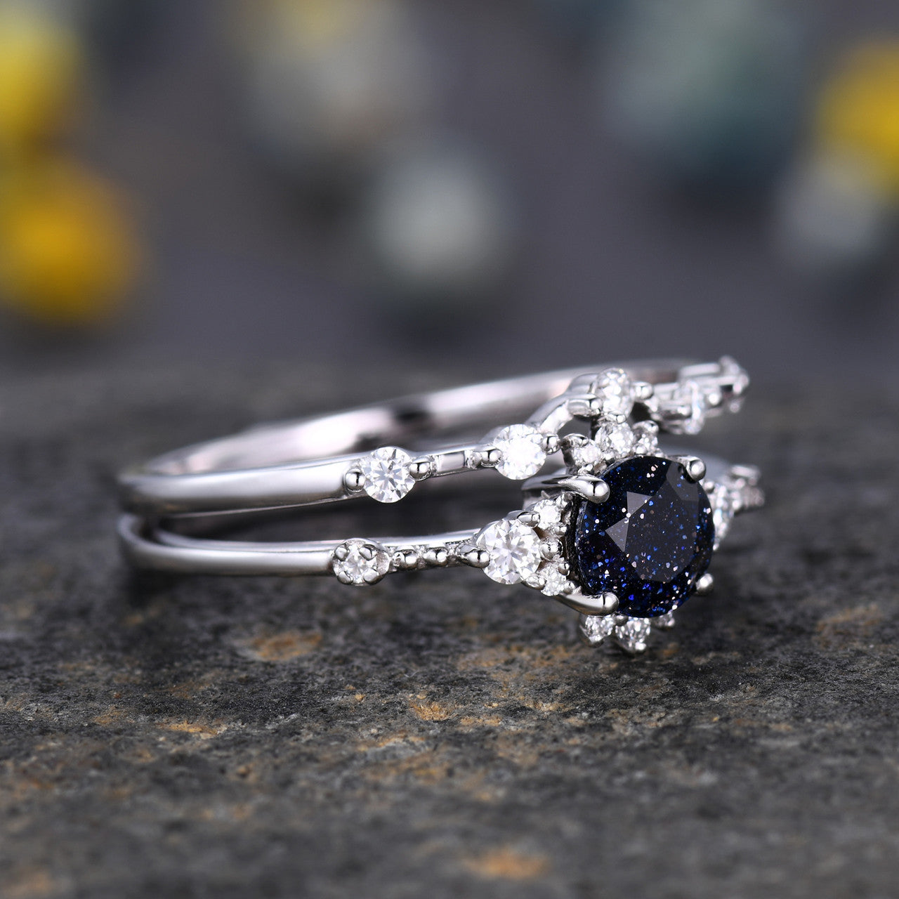 White Gold Blue Sandstone Ring-BBBGEM Blue Sandstone Bridal Set