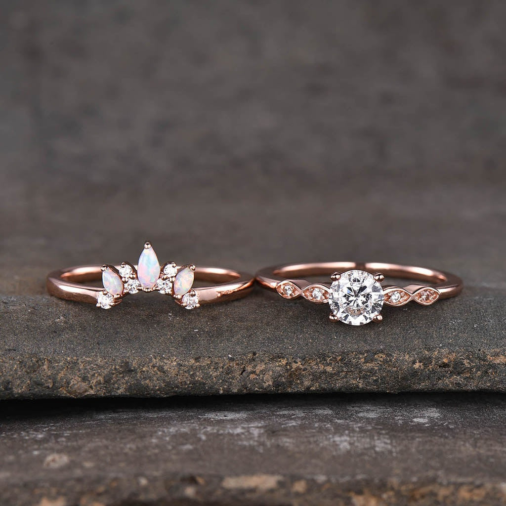 moissanite wedding sets rose gold-bbbgem opal diamond moissanite wedding set