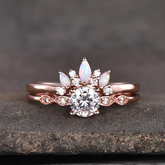 Moissanite Engagement Ring Set-bbbgem opal diamond moissanite wedding set