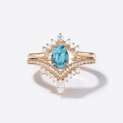 Pear Shaped Turquoise Engagement Ring Rose Gold Diamond Wedding Set