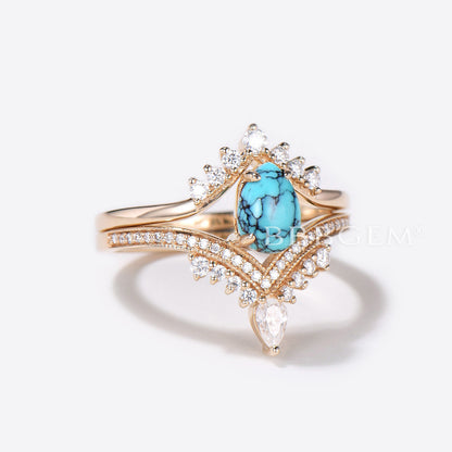 Pear Shaped Turquoise Engagement Ring Rose Gold Diamond Wedding Set