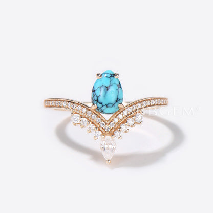 Pear Shaped Turquoise Engagement Ring Rose Gold Diamond Wedding Set