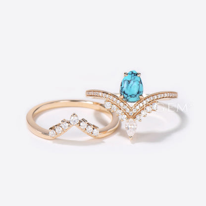 Pear Shaped Turquoise Engagement Ring Rose Gold Diamond Wedding Set