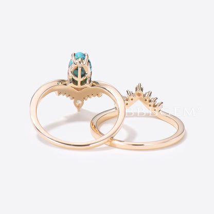 Pear Shaped Turquoise Engagement Ring Rose Gold Diamond Wedding Set