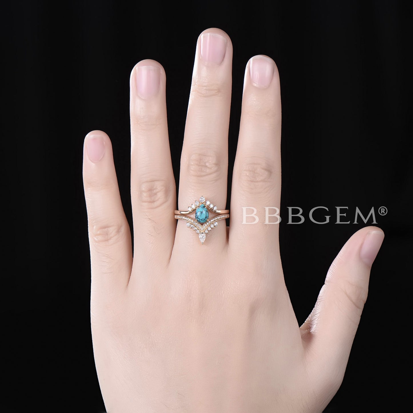 Pear Shaped Turquoise Engagement Ring Rose Gold Diamond Wedding Set