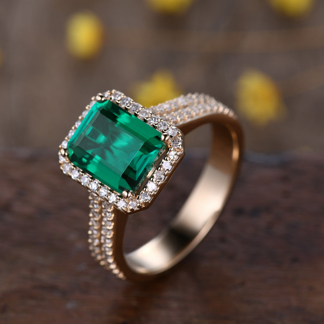 14K Yellow Gold Emerald Diamond Ring-BBBGEM Emerald Engagement Rings